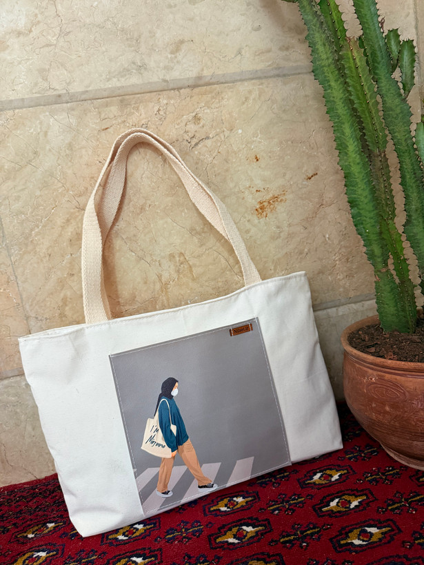 توتبگ پارچه ای سفید جیب جلو چرم فانتزی نیل ست