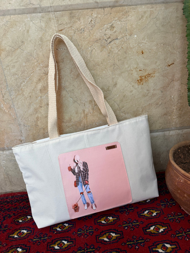 توتبگ پارچه ای سفید جیب جلو چرم فانتزی نیل ست