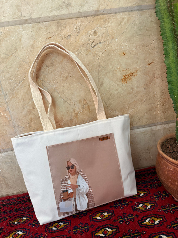 توتبگ پارچه ای سفید جیب جلو چرم فانتزی نیل ست