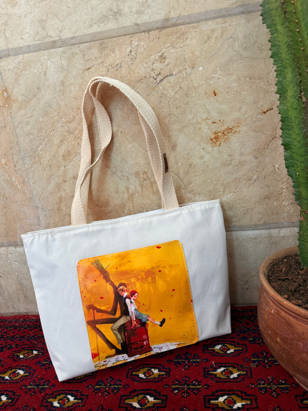 توتبگ پارچه ای سفید جیب جلو چرم فانتزی نیل ست