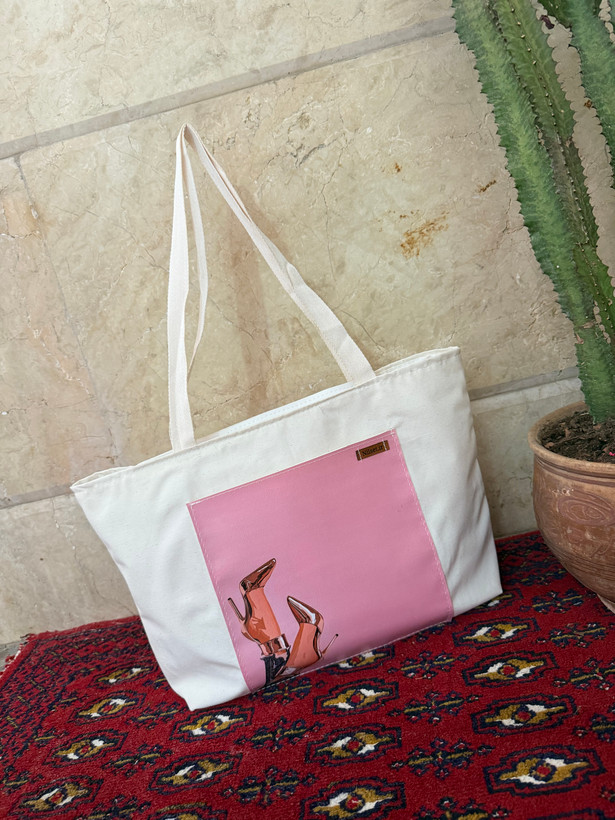 توتبگ پارچه ای سفید جیب جلو چرم فانتزی نیل ست