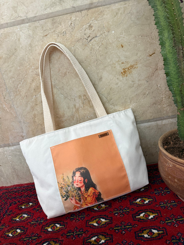 توتبگ پارچه ای سفید جیب جلو چرم فانتزی نیل ست