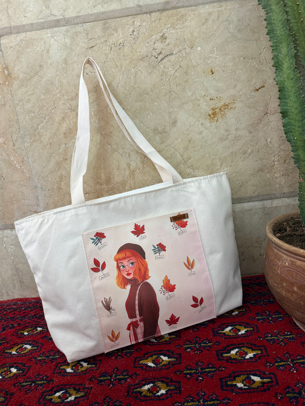 توتبگ پارچه ای سفید جیب جلو چرم فانتزی نیل ست