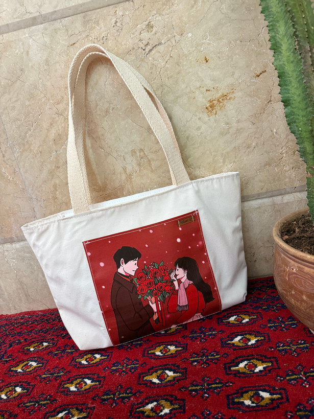 توتبگ پارچه ای سفید جیب جلو چرم فانتزی نیل ست