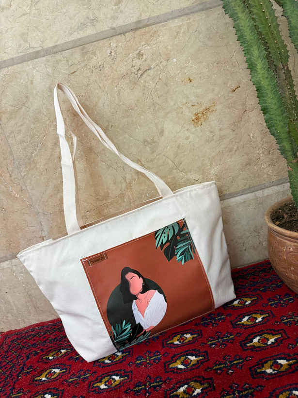 توتبگ پارچه ای سفید جیب جلو چرم فانتزی نیل ست
